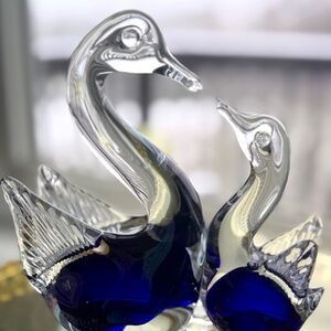 SOLD Cobalt Blue Blown Glass Kissing Mom and Baby Swans Mother’s Day